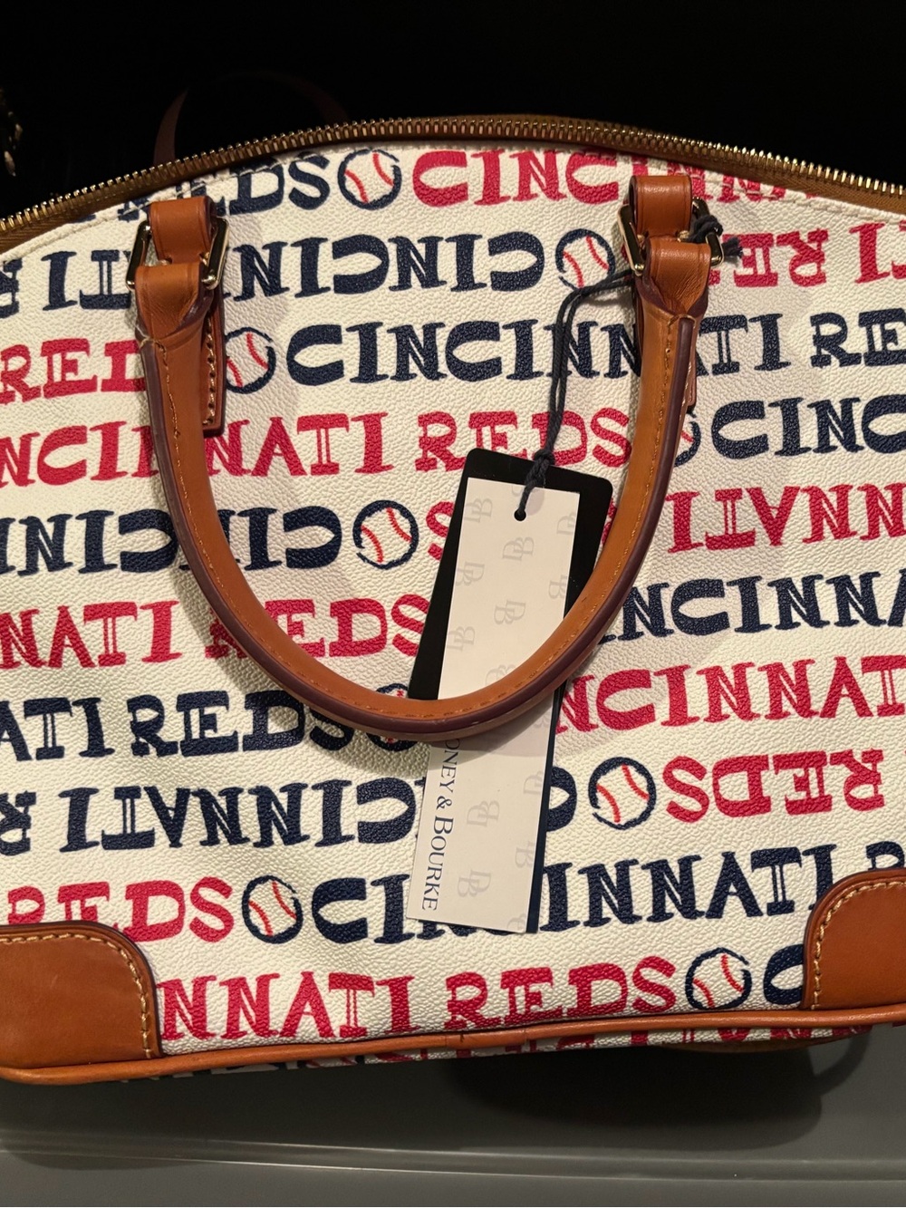 Dooney & Bourke Red & Navy Cincinnati Reds Logo Tote with Tan Trim